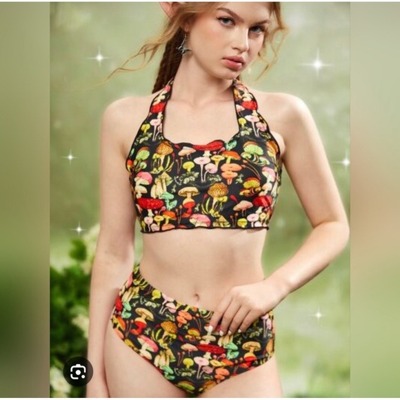 Other - Mushroom Print High Waisted Bikini Set Black Halter Top Two Piece Swimsuit M
